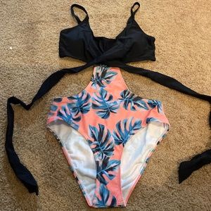 Womens size small S palm leaf print bikini one piece swimsuit ties around back